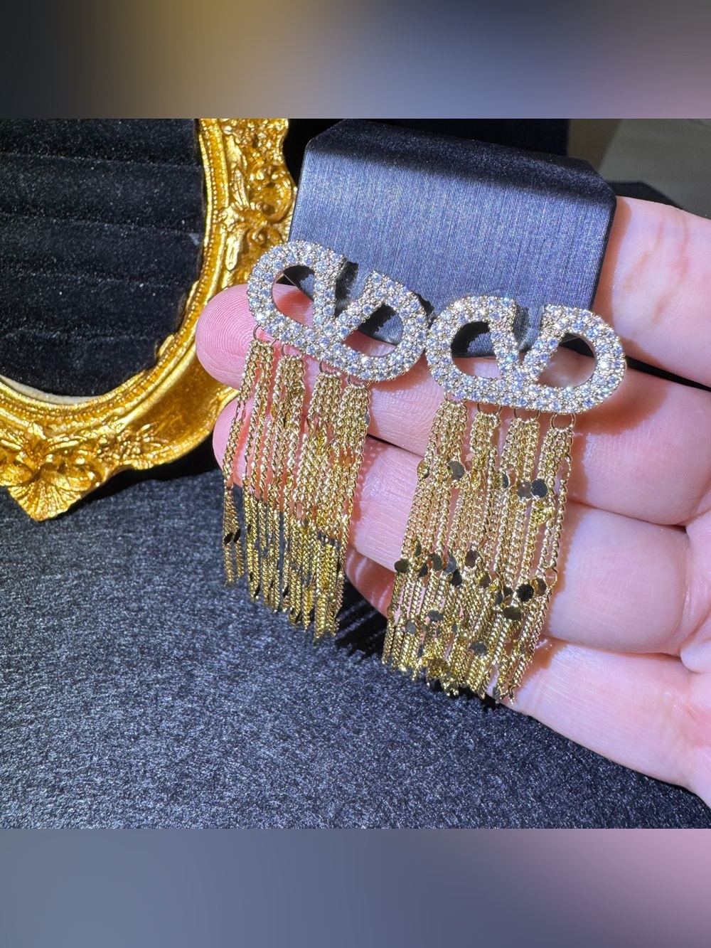 S925 Posts Sparkling Bow Gold Chain Tassel Statement Earrings